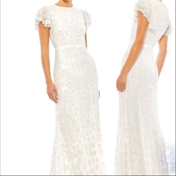 NWT! $1200 Mac Duggal flutter cap sleeve beaded White Formal/Wedding Dress SZ6 - Picture 3 of 17